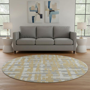 HomeRoots 8' Gold, Ivory & Gray Striped Round Rug - Washable, UV-Protected, Durable for Kids & Pets! 705668