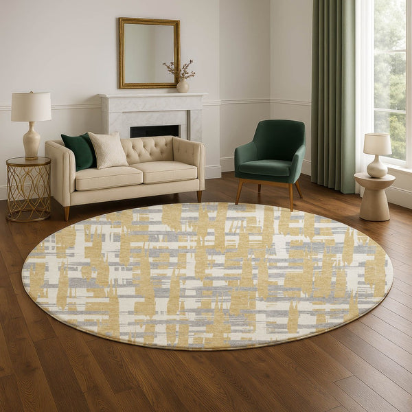 HomeRoots 8' Gold, Ivory & Gray Striped Round Rug - Washable, UV-Protected, Durable for Kids & Pets! 705668