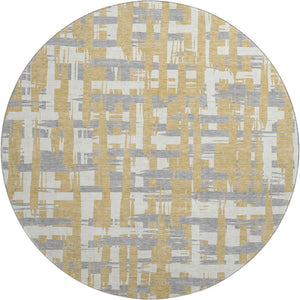 HomeRoots 8' Gold, Ivory & Gray Striped Round Rug - Washable, UV-Protected, Durable for Kids & Pets! 705668