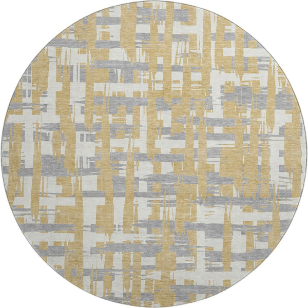 HomeRoots 8' Gold, Ivory & Gray Striped Round Rug - Washable, UV-Protected, Durable for Kids & Pets! 705668