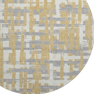 HomeRoots 8' Gold, Ivory & Gray Striped Round Rug - Washable, UV-Protected, Durable for Kids & Pets! 705668