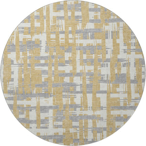 HomeRoots 8' Gold, Ivory & Gray Striped Round Rug - Washable, UV-Protected, Durable for Kids & Pets! 705668