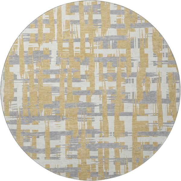 HomeRoots 8' Gold, Ivory & Gray Striped Round Rug - Washable, UV-Protected, Durable for Kids & Pets! 705668