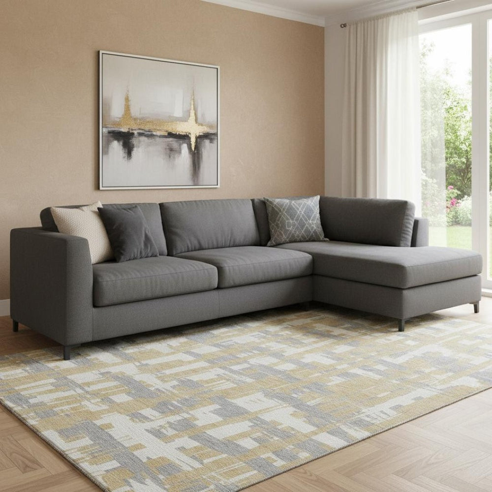 HomeRoots 8' X 10' Stylish Gold Ivory Gray Striped Washable Area Rug with UV Protection & Non-Slip Backing 705669