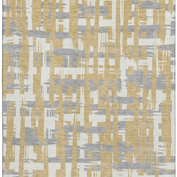 HomeRoots 8' X 10' Stylish Gold Ivory Gray Striped Washable Area Rug with UV Protection & Non-Slip Backing 705669