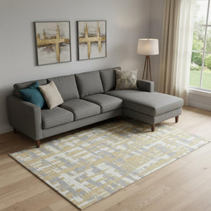 HomeRoots 9' X 12' Gold Ivory & Gray Striped Area Rug - Washable, UV-Protected, Stain-Resistant for Busy Homes 705670