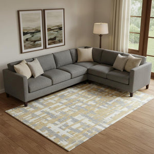 HomeRoots 10' X 14' Striped Washable Area Rug in Gold, Ivory & Gray - Durable, UV-Protected & Stain Resistant! 705671