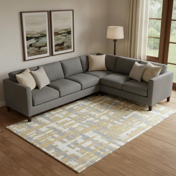 HomeRoots 10' X 14' Striped Washable Area Rug in Gold, Ivory & Gray - Durable, UV-Protected & Stain Resistant! 705671