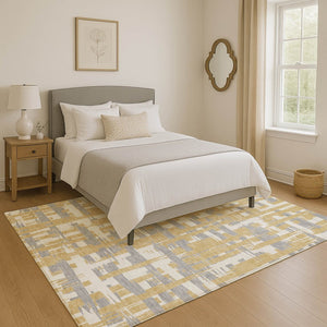 HomeRoots 10' X 14' Striped Washable Area Rug in Gold, Ivory & Gray - Durable, UV-Protected & Stain Resistant! 705671