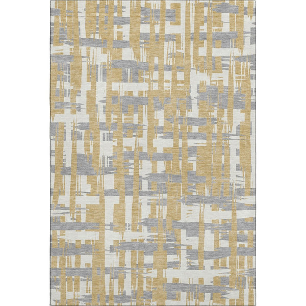 HomeRoots 10' X 14' Striped Washable Area Rug in Gold, Ivory & Gray - Durable, UV-Protected & Stain Resistant! 705671