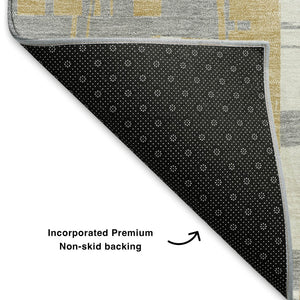 HomeRoots 10' X 14' Striped Washable Area Rug in Gold, Ivory & Gray - Durable, UV-Protected & Stain Resistant! 705671