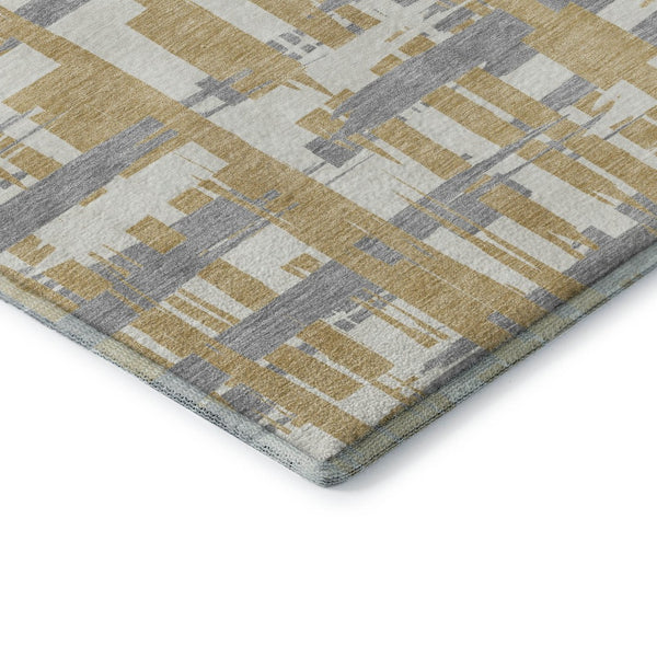 HomeRoots 10' X 14' Striped Washable Area Rug in Gold, Ivory & Gray - Durable, UV-Protected & Stain Resistant! 705671