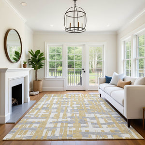 HomeRoots 10' X 14' Striped Washable Area Rug in Gold, Ivory & Gray - Durable, UV-Protected & Stain Resistant! 705671