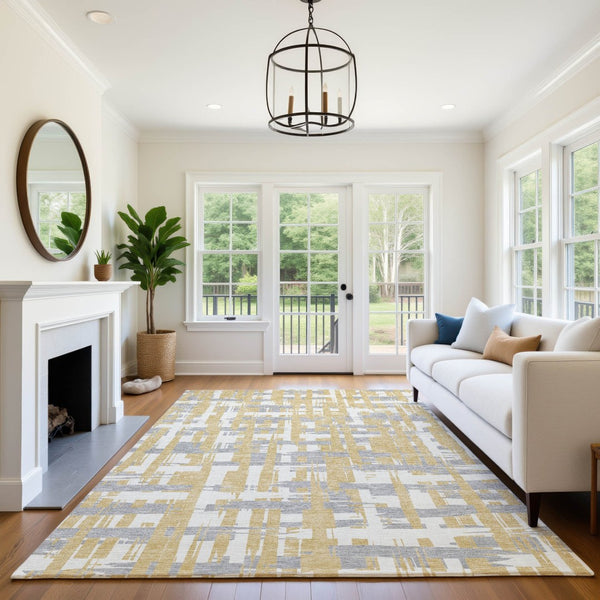 HomeRoots 10' X 14' Striped Washable Area Rug in Gold, Ivory & Gray - Durable, UV-Protected & Stain Resistant! 705671