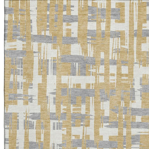 HomeRoots 10' X 14' Striped Washable Area Rug in Gold, Ivory & Gray - Durable, UV-Protected & Stain Resistant! 705671