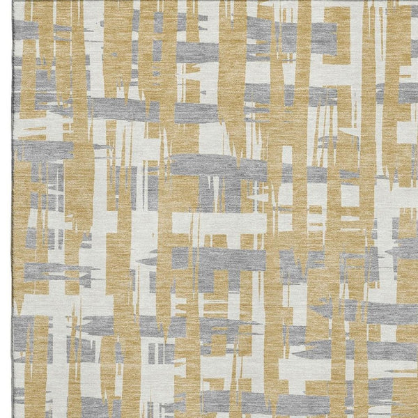HomeRoots 10' X 14' Striped Washable Area Rug in Gold, Ivory & Gray - Durable, UV-Protected & Stain Resistant! 705671