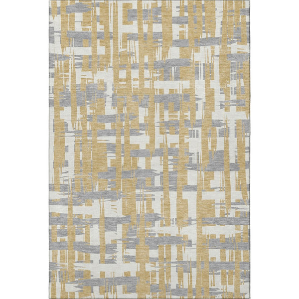 HomeRoots 10' X 14' Striped Washable Area Rug in Gold, Ivory & Gray - Durable, UV-Protected & Stain Resistant! 705671
