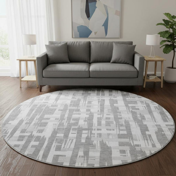 HomeRoots 8' Gray And Ivory Striped Washable Round Rug – Durable, Stylish, UV-Protected for Family Spaces 705674
