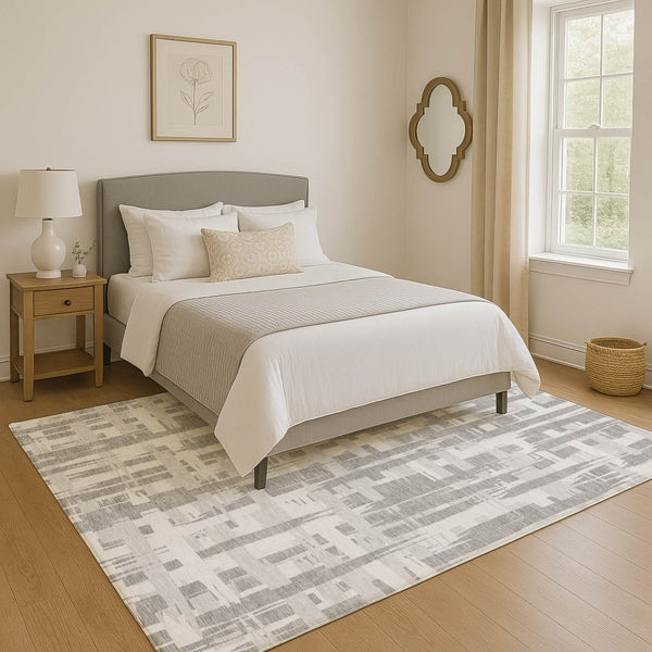 HomeRoots 8' X 10' Gray And Ivory Striped Washable Area Rug – Durable, UV Protected, Non-Slip Design for Homes 705675