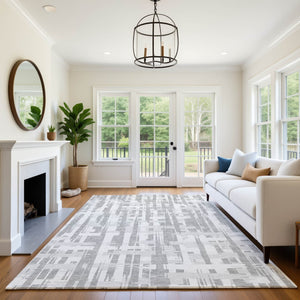 HomeRoots 8' X 10' Gray And Ivory Striped Washable Area Rug – Durable, UV Protected, Non-Slip Design for Homes 705675