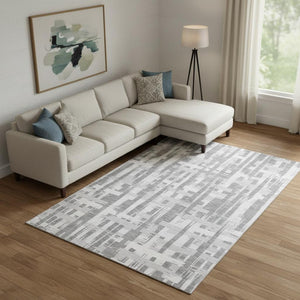 HomeRoots 9' X 12' Gray and Ivory Striped Washable Area Rug - Durable, Stain-Resistant with UV Protection! 705676