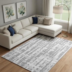 HomeRoots 10' X 14' Striped Gray and Ivory Washable Area Rug with UV Protection - Durable, Stylish & Easy Care 705677