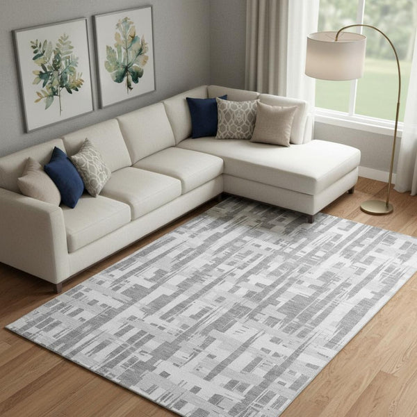 HomeRoots 10' X 14' Striped Gray and Ivory Washable Area Rug with UV Protection - Durable, Stylish & Easy Care 705677