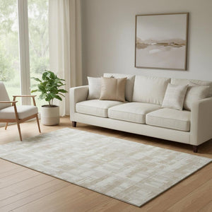 HomeRoots 5' X 8' Washable Ivory and Tan Striped Area Rug with UV Protection and Non-Slip Backing for Homes 705679