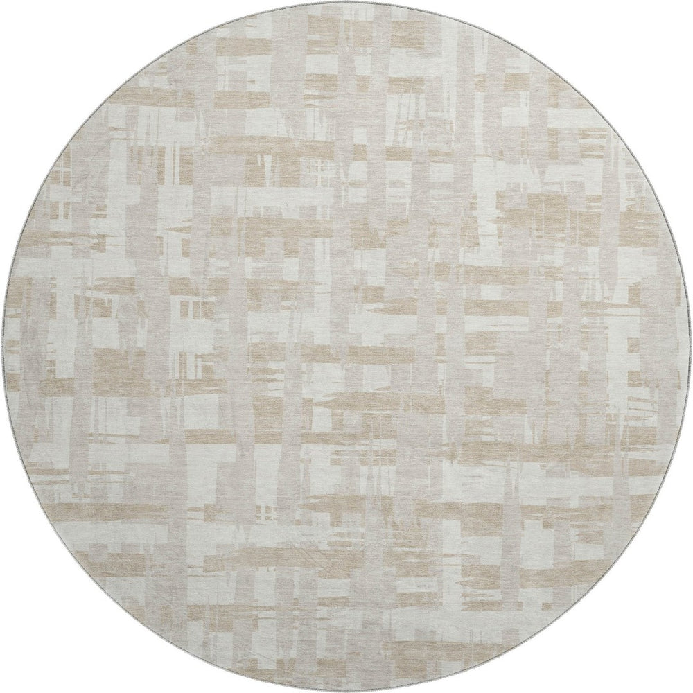 HomeRoots 8' Ivory and Tan Striped Washable Round Rug - UV Protected, Stain Resistant, Perfect for High-Traffic Areas 705680
