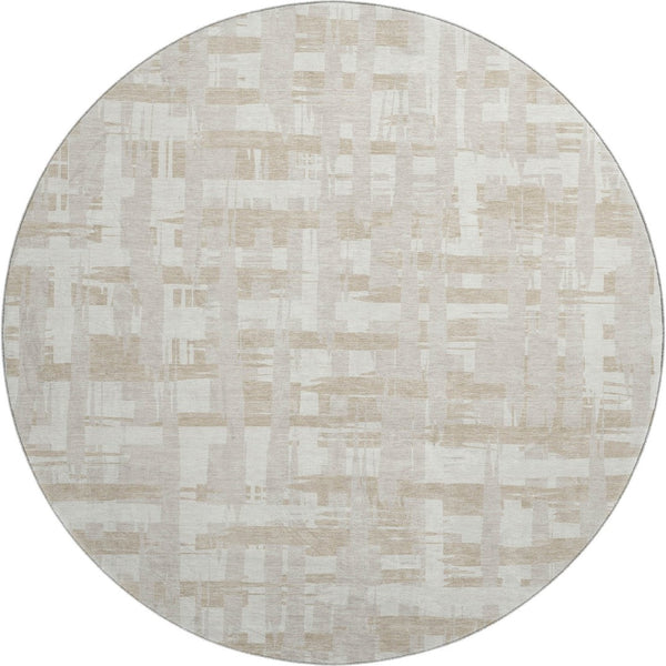 HomeRoots 8' Ivory and Tan Striped Washable Round Rug - UV Protected, Stain Resistant, Perfect for High-Traffic Areas 705680