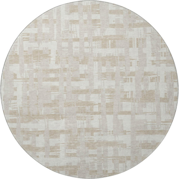 HomeRoots 8' Ivory and Tan Striped Washable Round Rug - UV Protected, Stain Resistant, Perfect for High-Traffic Areas 705680
