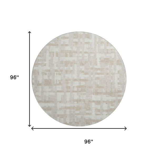 HomeRoots 8' Ivory and Tan Striped Washable Round Rug - UV Protected, Stain Resistant, Perfect for High-Traffic Areas 705680