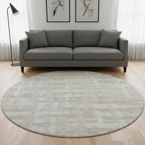 HomeRoots 8' Ivory and Tan Striped Washable Round Rug - UV Protected, Stain Resistant, Perfect for High-Traffic Areas 705680