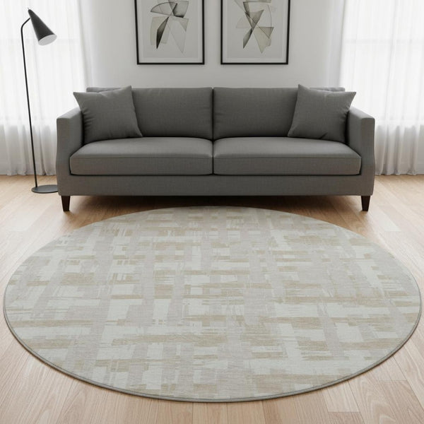 HomeRoots 8' Ivory and Tan Striped Washable Round Rug - UV Protected, Stain Resistant, Perfect for High-Traffic Areas 705680