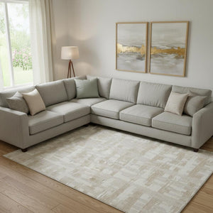 HomeRoots 9' X 12' Ivory and Tan Striped Washable Area Rug - Durable, Stain-Resistant with UV Protection! 705682
