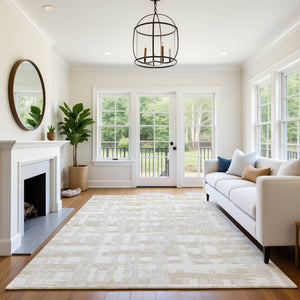 HomeRoots 9' X 12' Ivory and Tan Striped Washable Area Rug - Durable, Stain-Resistant with UV Protection! 705682