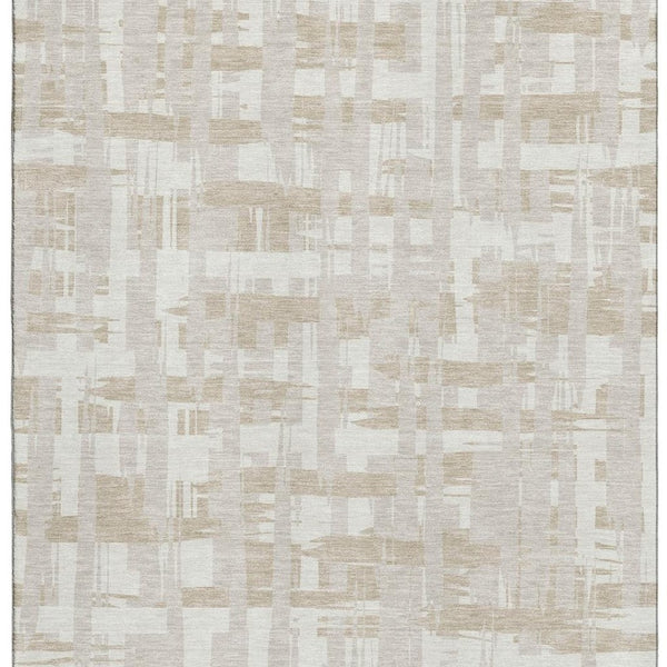 HomeRoots 9' X 12' Ivory and Tan Striped Washable Area Rug - Durable, Stain-Resistant with UV Protection! 705682