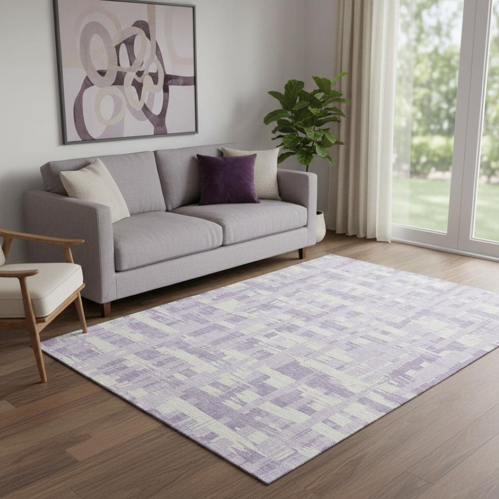 HomeRoots 5' X 8' Striped Lavender and Ivory Area Rug - Washable, UV Protected, Stain-Resistant, Stylish Home Accent 705685