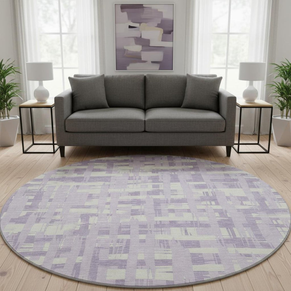 HomeRoots 8' Stylish Lavender and Ivory Striped Washable Round Rug with UV Protection and Stain Resistance 705686