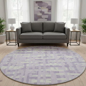 HomeRoots 8' Stylish Lavender and Ivory Striped Washable Round Rug with UV Protection and Stain Resistance 705686