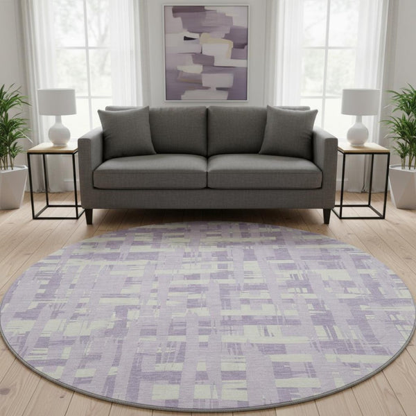 HomeRoots 8' Stylish Lavender and Ivory Striped Washable Round Rug with UV Protection and Stain Resistance 705686
