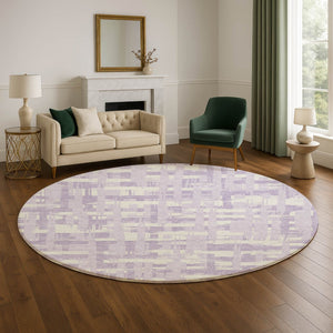HomeRoots 8' Stylish Lavender and Ivory Striped Washable Round Rug with UV Protection and Stain Resistance 705686