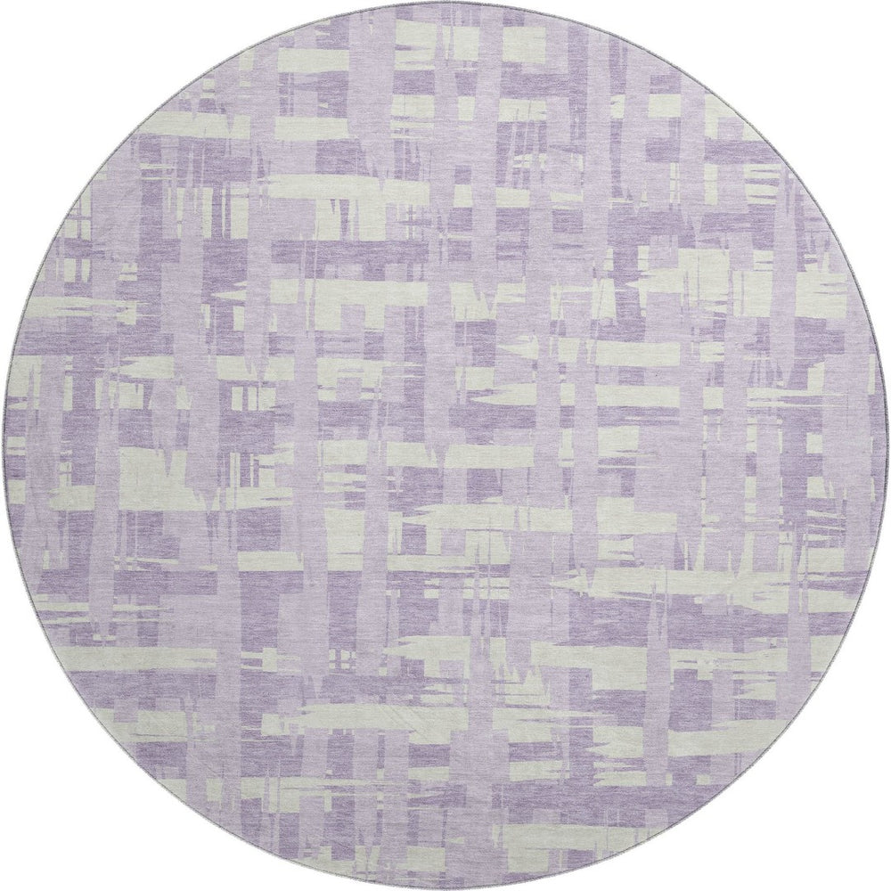 HomeRoots 8' Stylish Lavender and Ivory Striped Washable Round Rug with UV Protection and Stain Resistance 705686