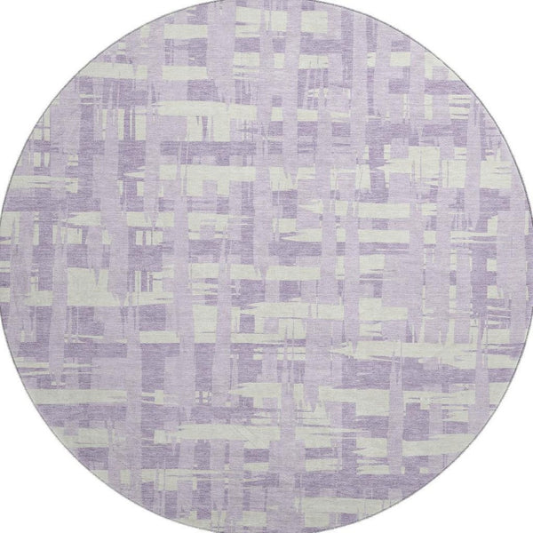 HomeRoots 8' Stylish Lavender and Ivory Striped Washable Round Rug with UV Protection and Stain Resistance 705686