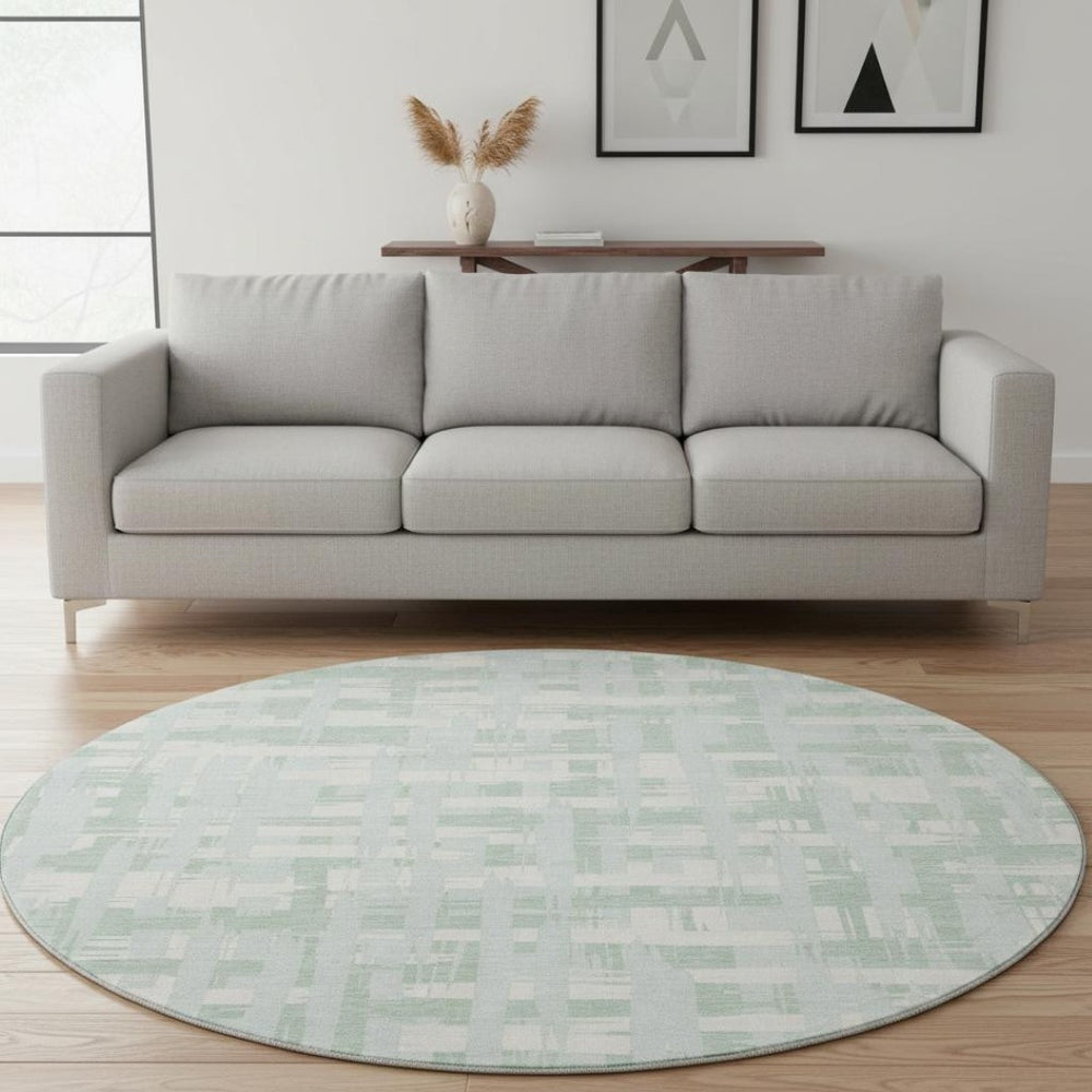 HomeRoots 8' Mint Green & Ivory Striped Round Rug - Washable, Durable, UV-Protected, Perfect for Any Room! 705692
