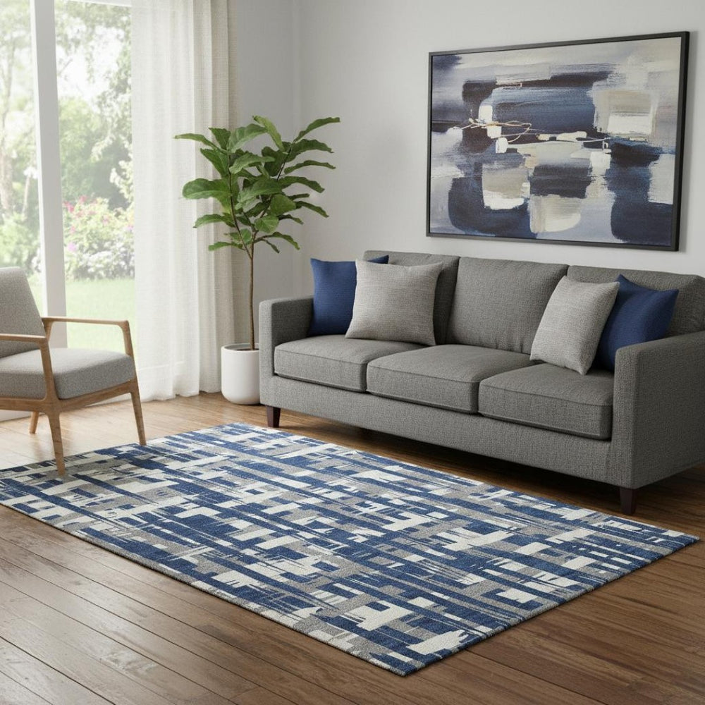 HomeRoots 5' Navy Blue & Ivory Striped Washable Area Rug – UV Protected, Stain-Resistant, Durable & Stylish! 705697