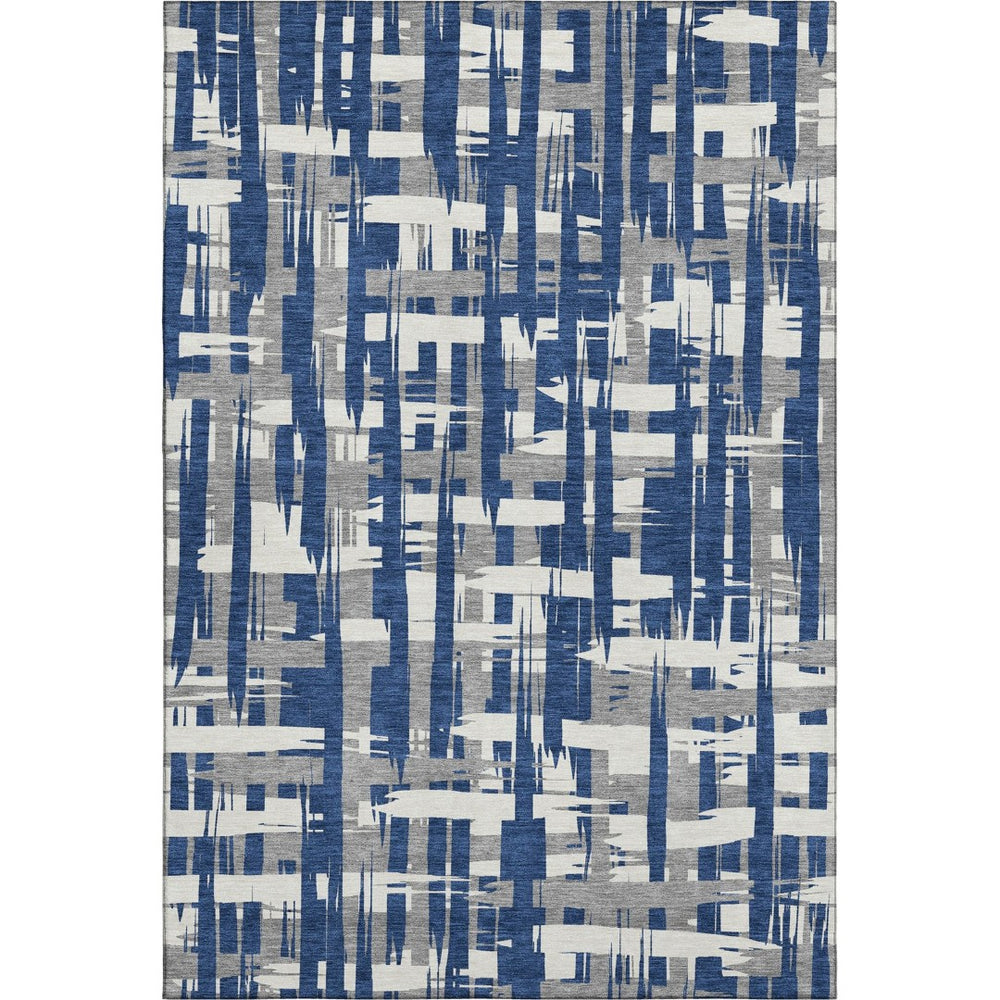 HomeRoots 5' Navy Blue & Ivory Striped Washable Area Rug – UV Protected, Stain-Resistant, Durable & Stylish! 705697