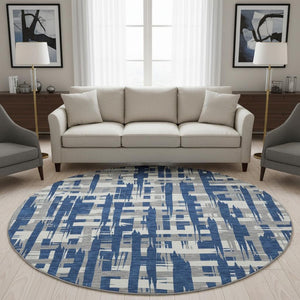 HomeRoots 8' Navy Blue and Ivory Striped Round Rug - Washable, UV-Protected, Durable, and Stylish for Any Room 705698