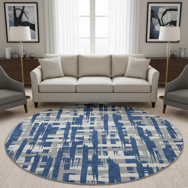 HomeRoots 8' Navy Blue and Ivory Striped Round Rug - Washable, UV-Protected, Durable, and Stylish for Any Room 705698