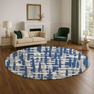 HomeRoots 8' Navy Blue and Ivory Striped Round Rug - Washable, UV-Protected, Durable, and Stylish for Any Room 705698
